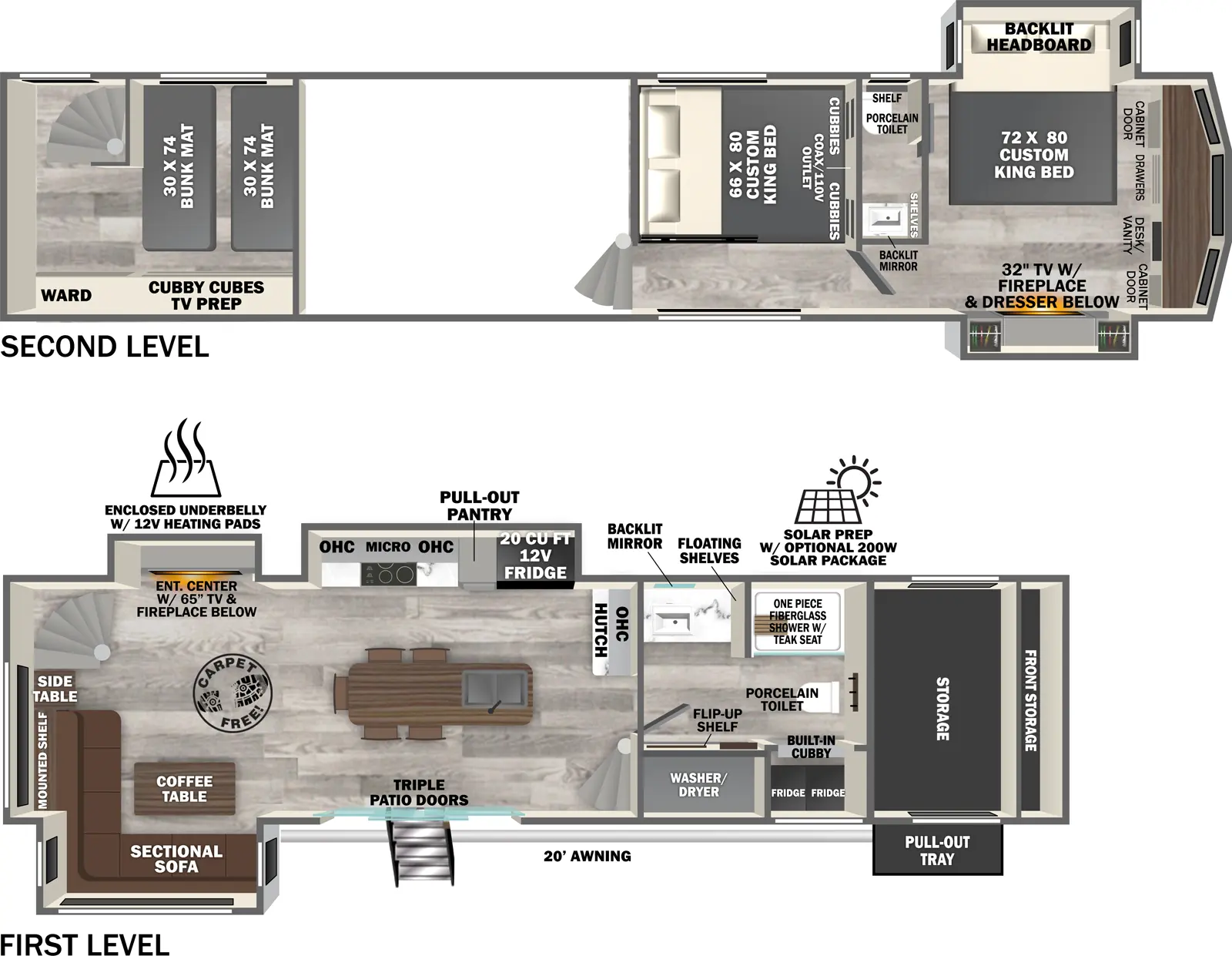 The Heritage Glen Fifth Wheels ROOST43 floorplan has one entry and five slide outs. Exterior features include: fiberglass exterior and 20' awning. Interiors features include: loft, kitchen island, front bedroom, two bedrooms, rear living and bathroom and a half.